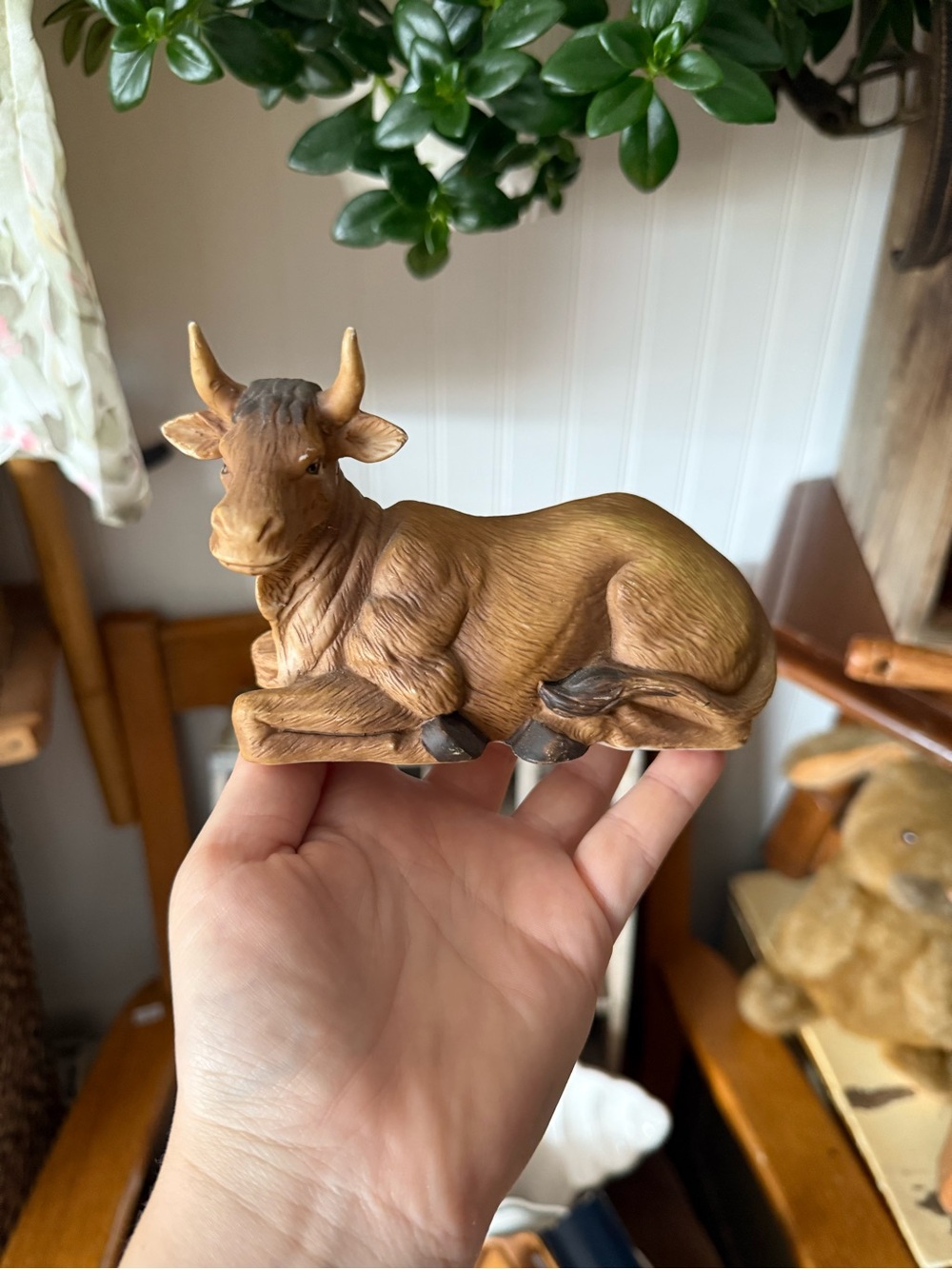 Handheld Brown Ceramic Bull Figurine